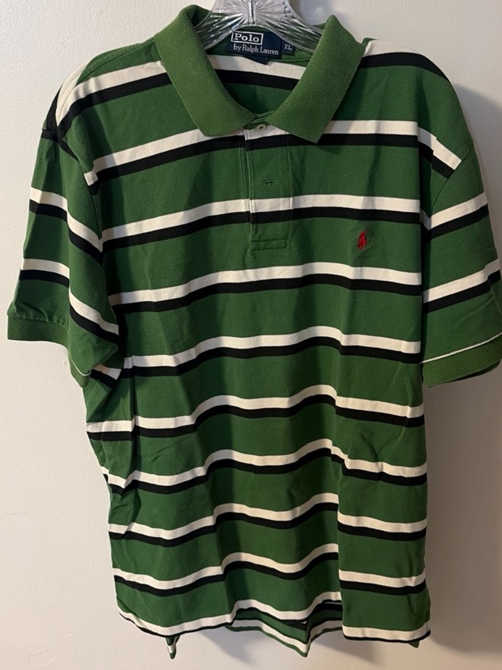 Ralph Lauren Green, White & Black Striped Polo with Red Pony